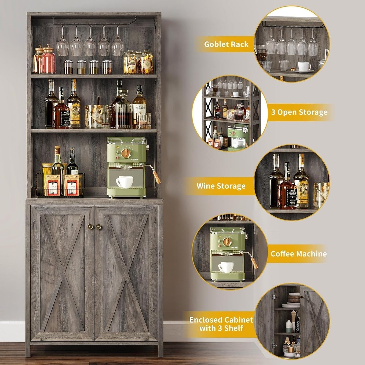 67" Tall Wine Bar Cabinet for Liquor and Glasses, Farmhouse Kitchen