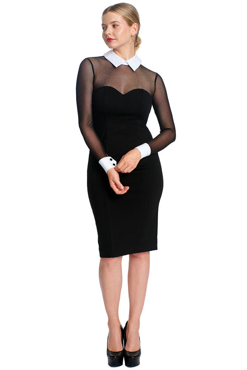 Tuxedo Illusion Dress - Black & white midi dress with mesh sleeves,