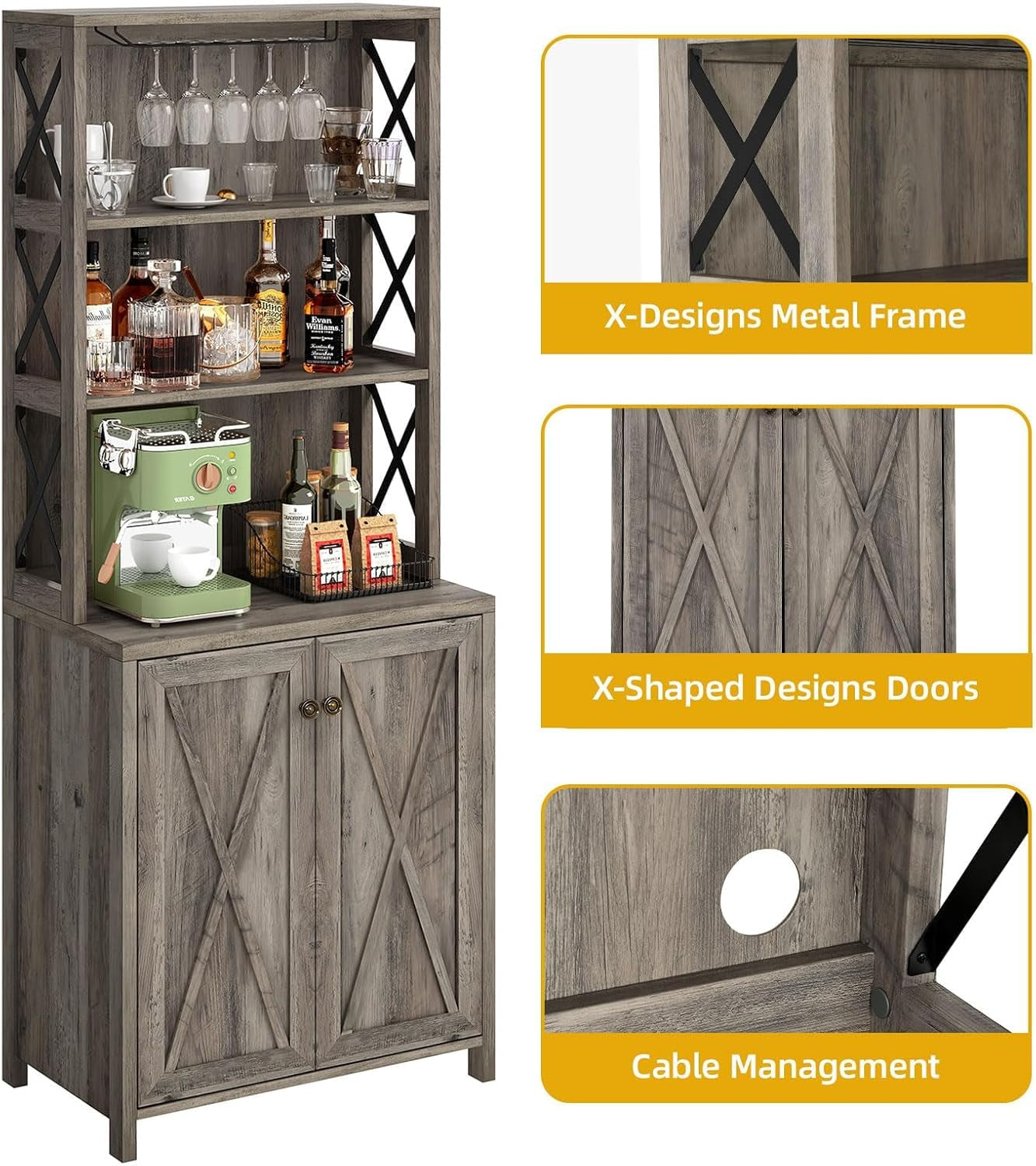 67" Tall Wine Bar Cabinet for Liquor and Glasses, Farmhouse Kitchen