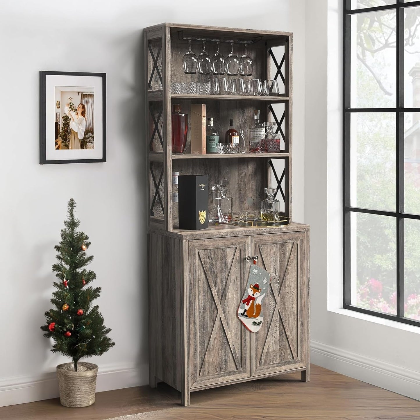 67" Tall Wine Bar Cabinet for Liquor and Glasses, Farmhouse Kitchen